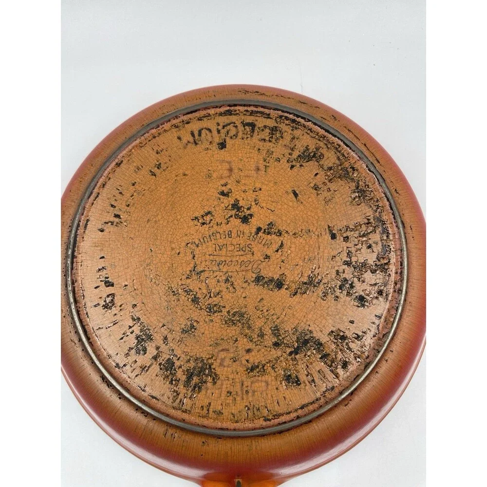 Vintage Descoware Flame Orange 9” Cast Iron Enamel Fry Pan Belgium